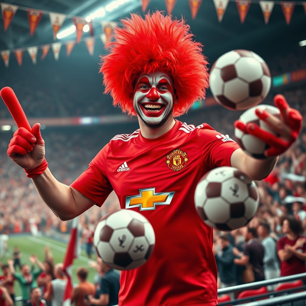 A man in a vibrant red Manchester United jersey, passionately cheering for his team