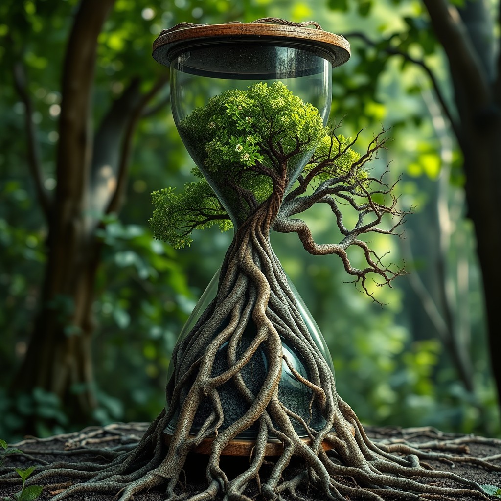 A hyper-realistic and artistic depiction of an hourglass made of intertwined roots, containing the Tree of Life on one side and the Tree of Death on the other