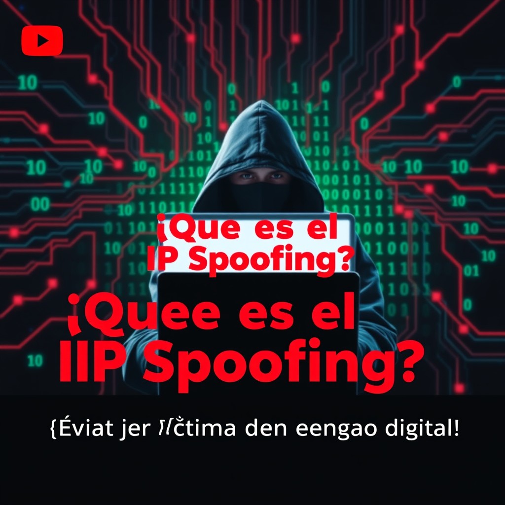 A visually striking YouTube video thumbnail for an educational video titled '¿Qué es el IP Spoofing?'