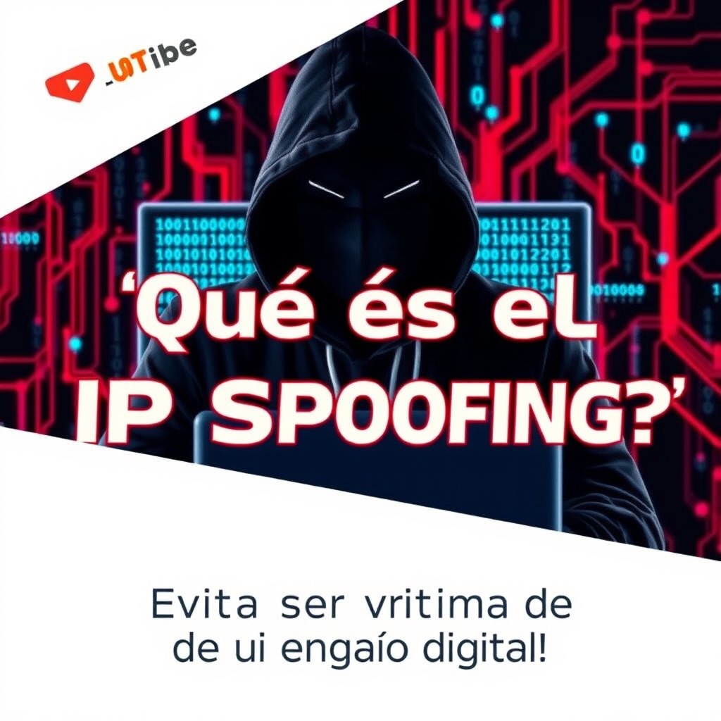 A modern and visually striking YouTube video thumbnail for an educational video titled '¿Qué es el IP Spoofing?'