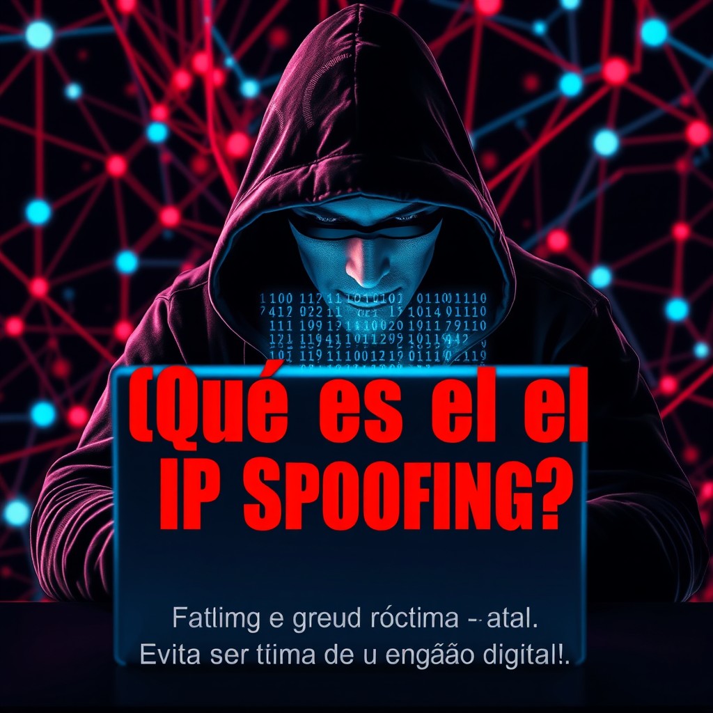 A captivating and modern YouTube video thumbnail for an educational video titled '¿Qué es el IP Spoofing?'