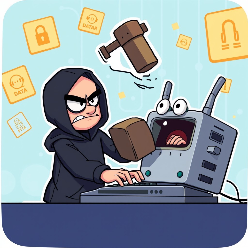 An animated scene featuring a comical hacker character dressed in dark clothing and a hoodie, attempting to infiltrate a network
