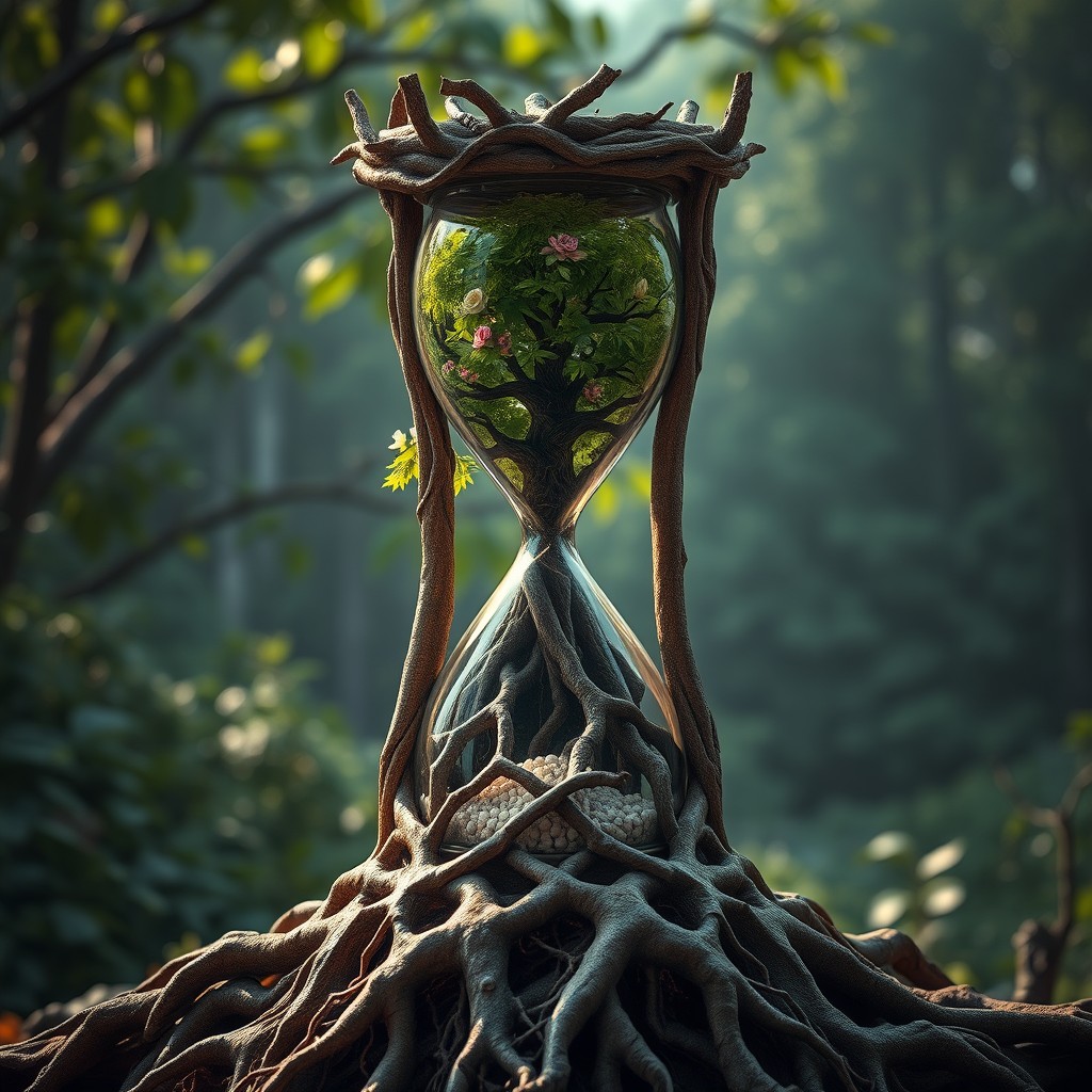 A hyper-realistic and artistic depiction of an hourglass intricately crafted from natural roots, containing the Tree of Life on one side and the Tree of Death on the other
