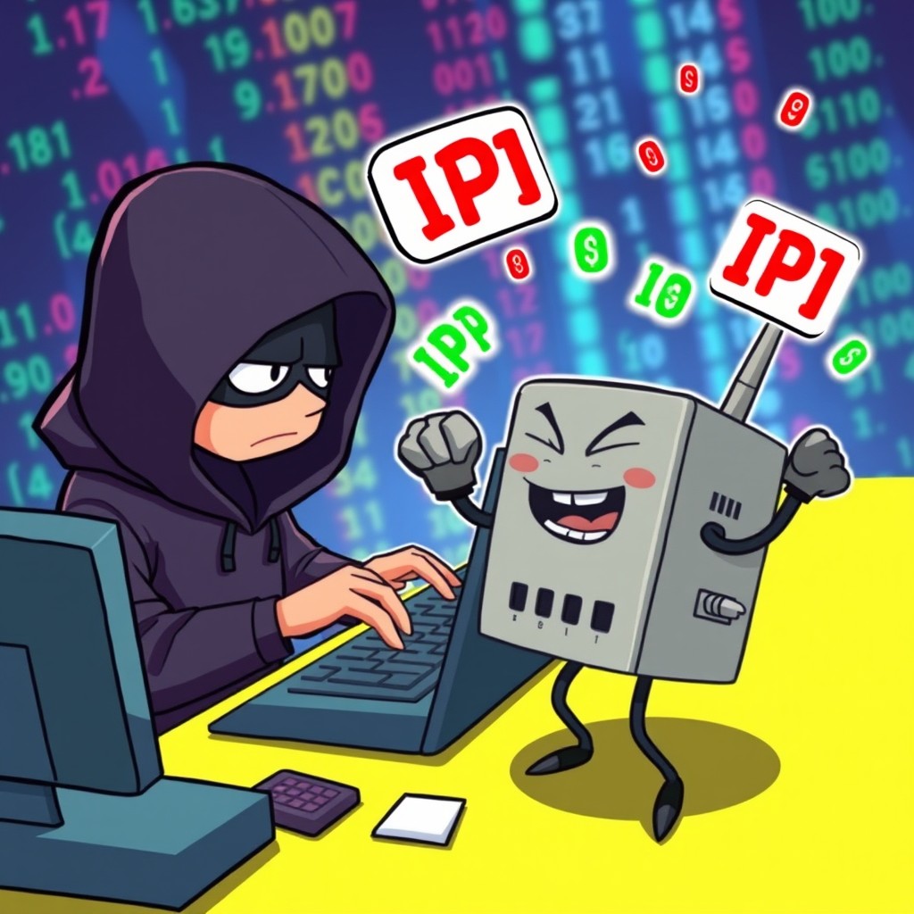 A humorous scene depicting a cartoon hacker character dressed in a hoodie and dark clothing, attempting to hack into a network