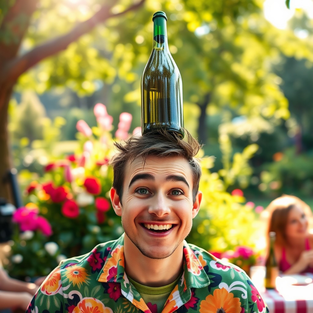 A whimsical scene featuring a cheerful person with a bottle of wine balanced on their head