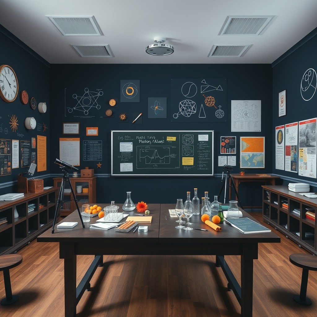 An empty physics classroom, elegantly arranged without any people