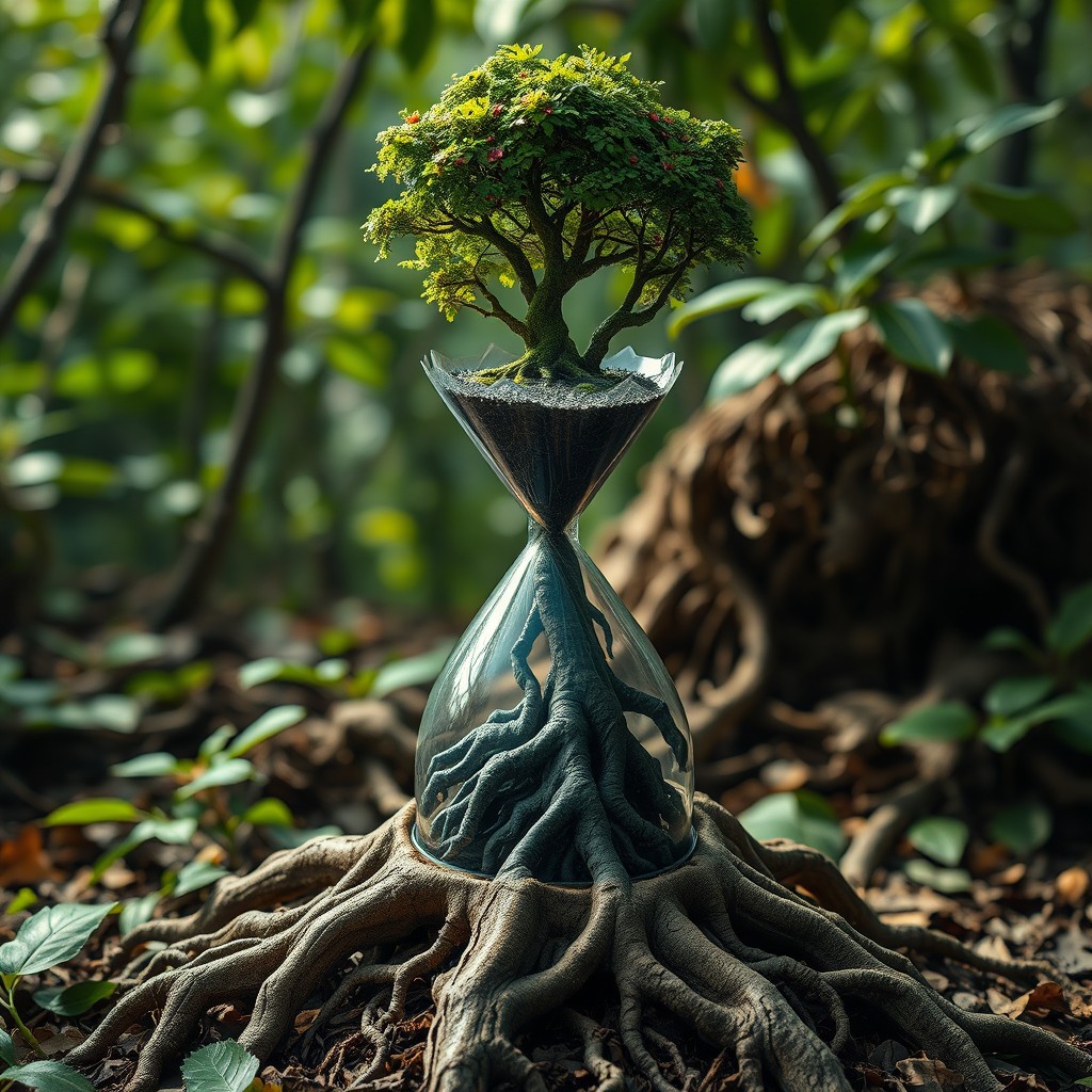 A hyper-realistic and artistic depiction of an hourglass intricately crafted from natural roots, featuring the Tree of Life positioned up top, vibrant and flourishing, and the Tree of Death set below, dark and gnarled