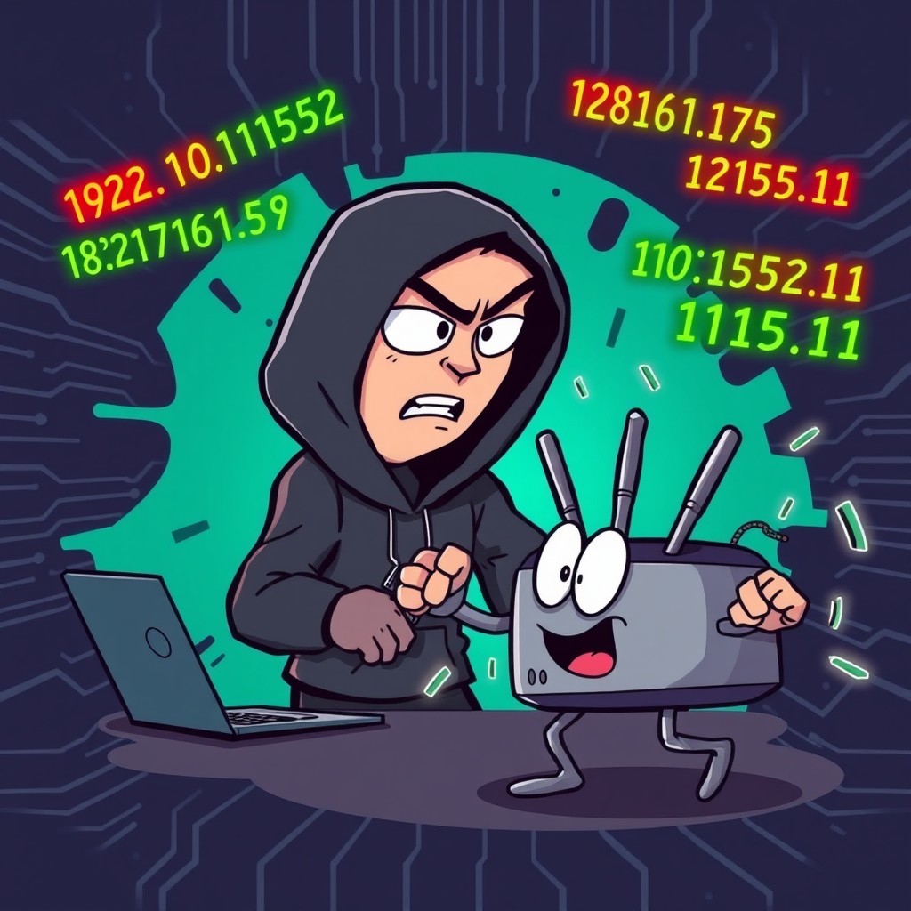 A humorous illustration featuring a cartoon hacker, wearing a dark hoodie and intense expression, trying to break into a network