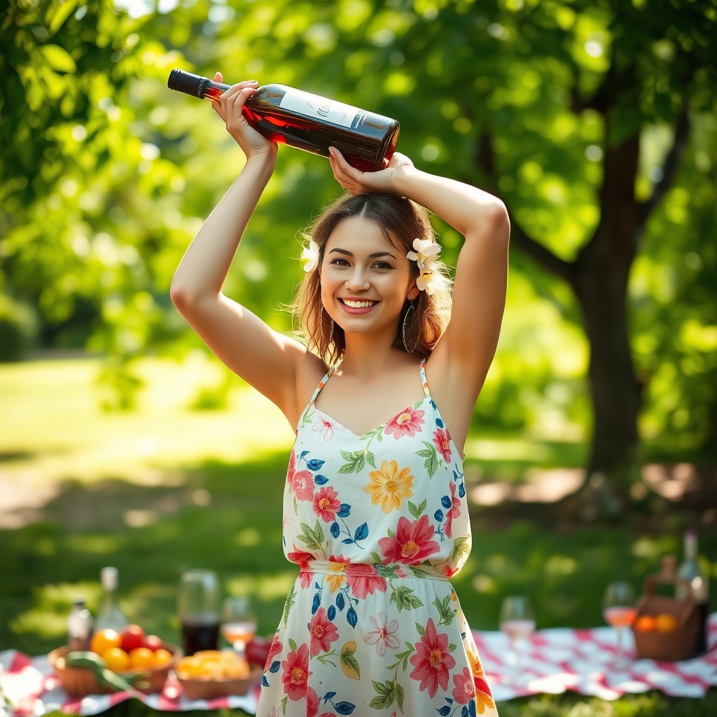 A young woman balancing a bottle of wine elegantly on her head, standing in a vibrant outdoor setting