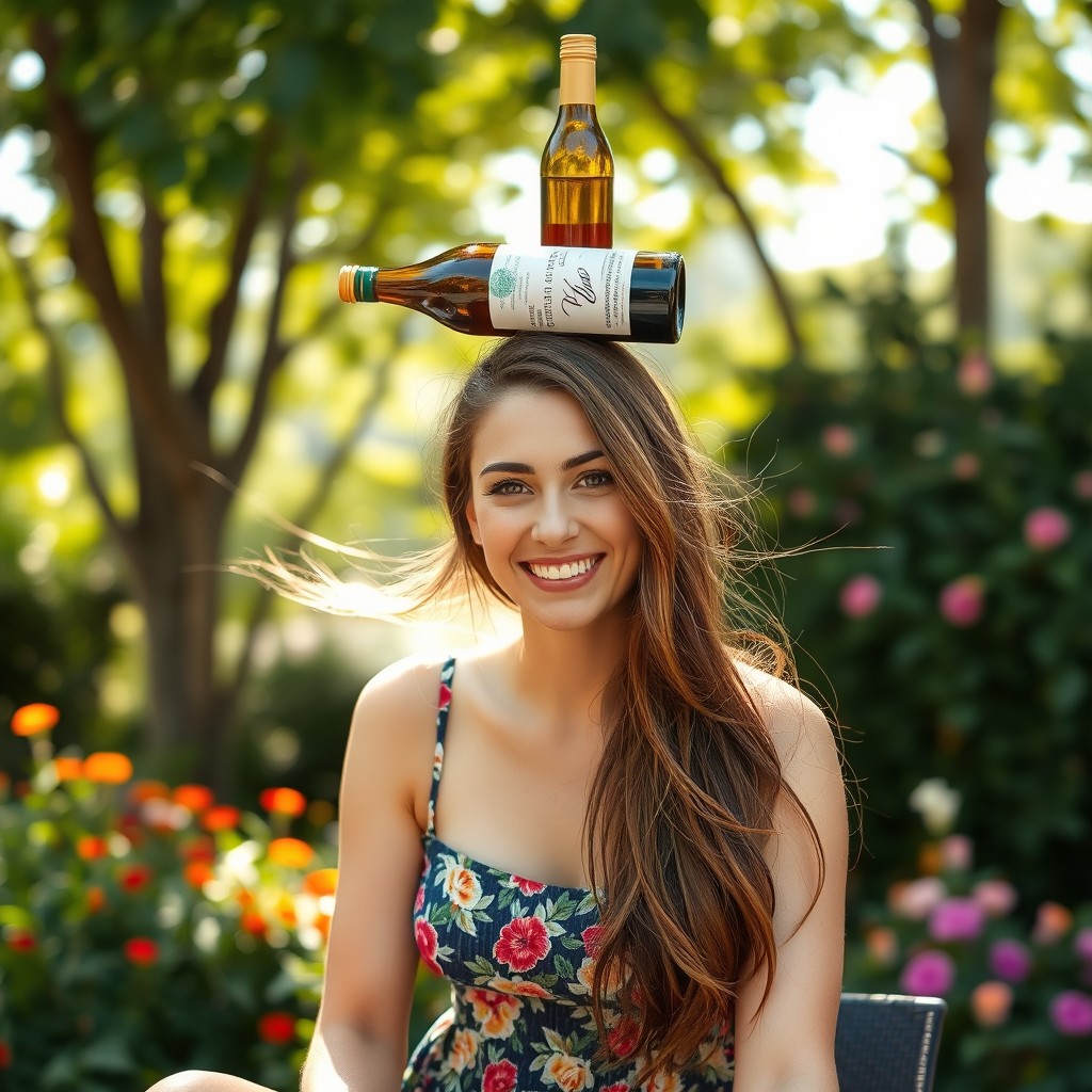 A playful scene featuring a young woman with an amused expression, balancing a wine bottle on her head