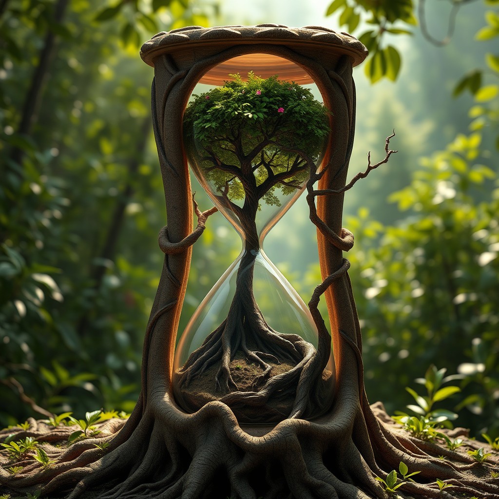 A stunning 3D hyper-realistic and artistic rendering of an hourglass crafted from intricate roots, featuring the Tree of Life positioned upside within the top part of the hourglass, vibrant and flourishing, while the Tree of Death is situated downside, dark and twisted