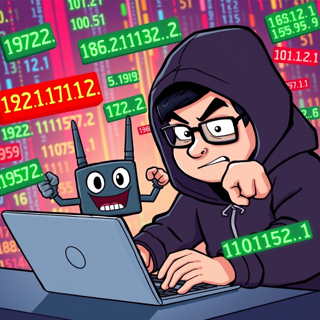 A lively cartoon scene in a 16:9 format featuring a comical hacker, dressed in a dark hoodie, intensely focused on his laptop as he tries to hack into a network