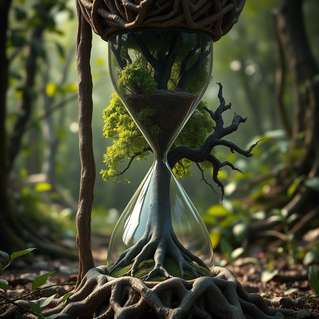 A stunning 3D hyper-realistic and artistic representation of an hourglass intricately crafted from roots, featuring the Tree of Life positioned downward, vibrant with lush foliage and signs of life, while a dead tree is placed upside, gnarled and lifeless