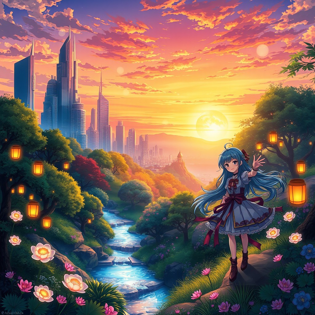 A vibrant anime scene that seamlessly merges elements from two distinct images