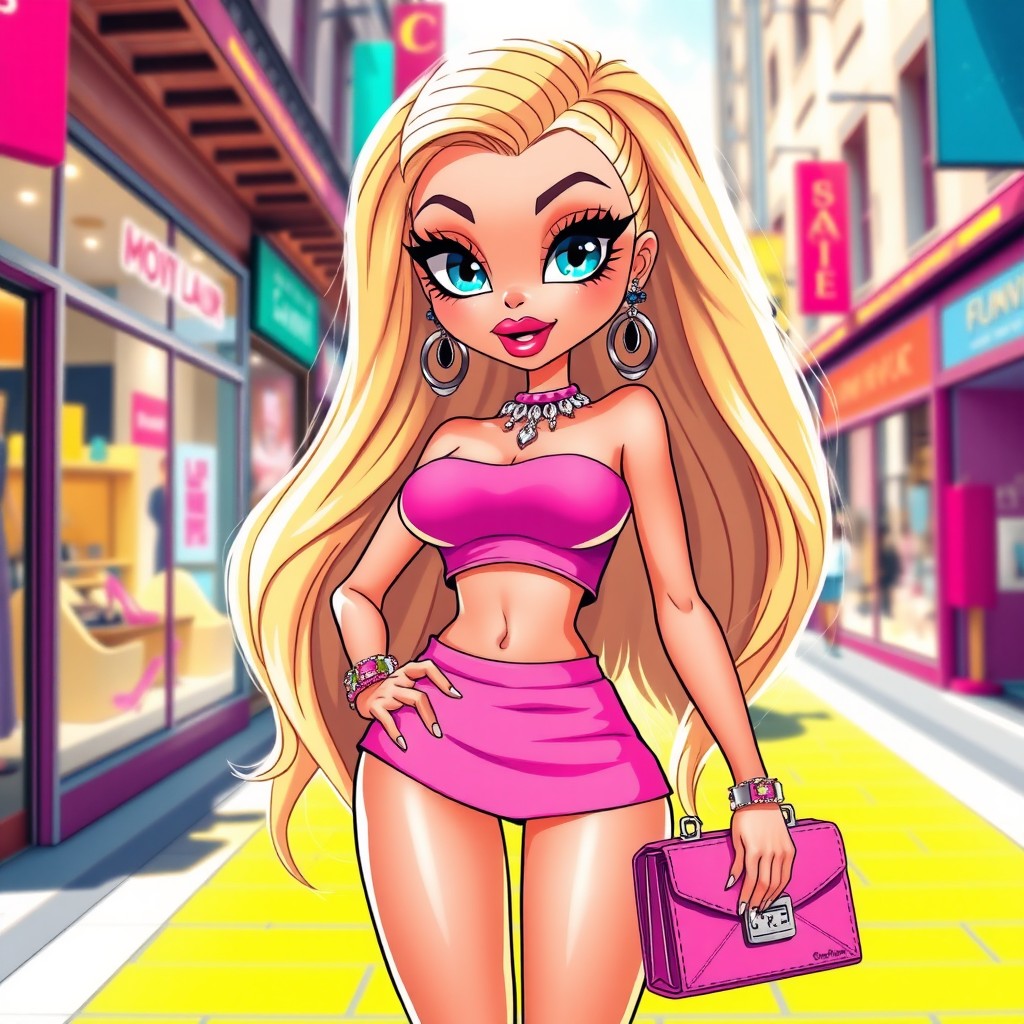 A glamorous and playful bimbo character with long flowing blonde hair, wearing a pink crop top and a matching mini skirt