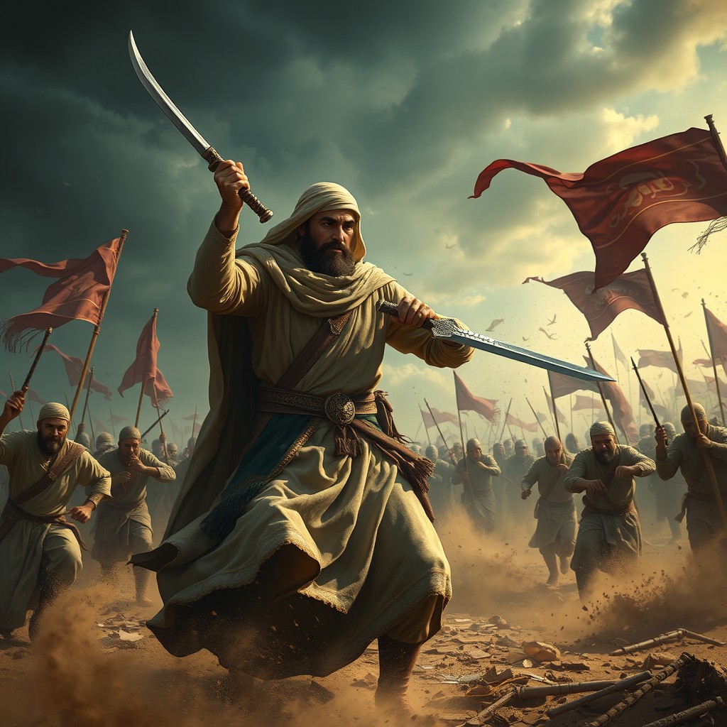 A dramatic portrayal of the moment enemies are attacking Hazrat Qasim during Ashura