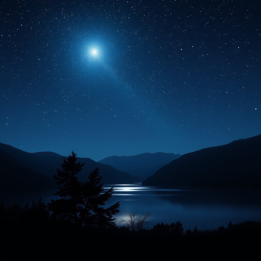 A tranquil nighttime landscape featuring a starry sky filled with bright, twinkling stars illuminating a serene lake surrounded by lush greenery