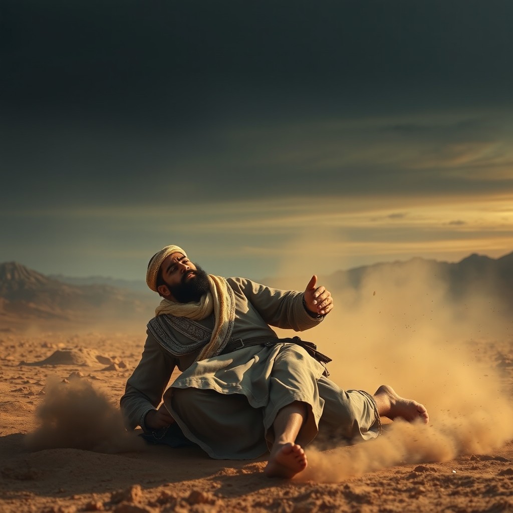 A heartfelt scene depicting the moment of Imam Qasim falling to the ground after being attacked during the Battle of Ashura, showcasing the intense emotions and drama of the historical event