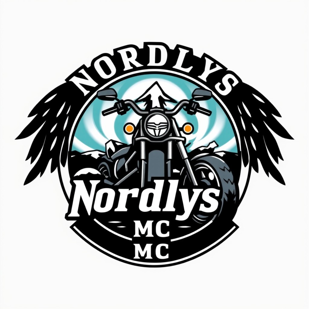 A creative logo design for a motorcycle club featuring the name 'Nordlys MC'