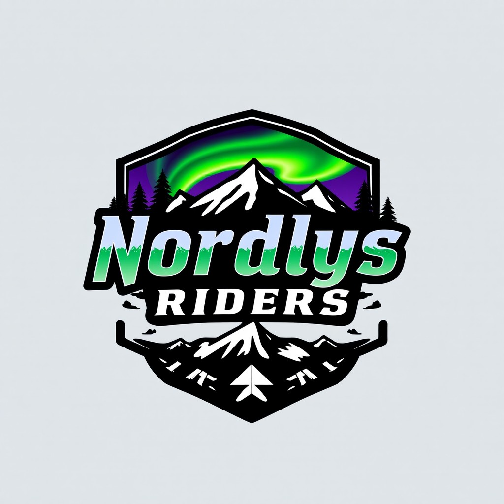 A logo design for 'Nordlys Riders', incorporating elements inspired by Norwegian culture and nature