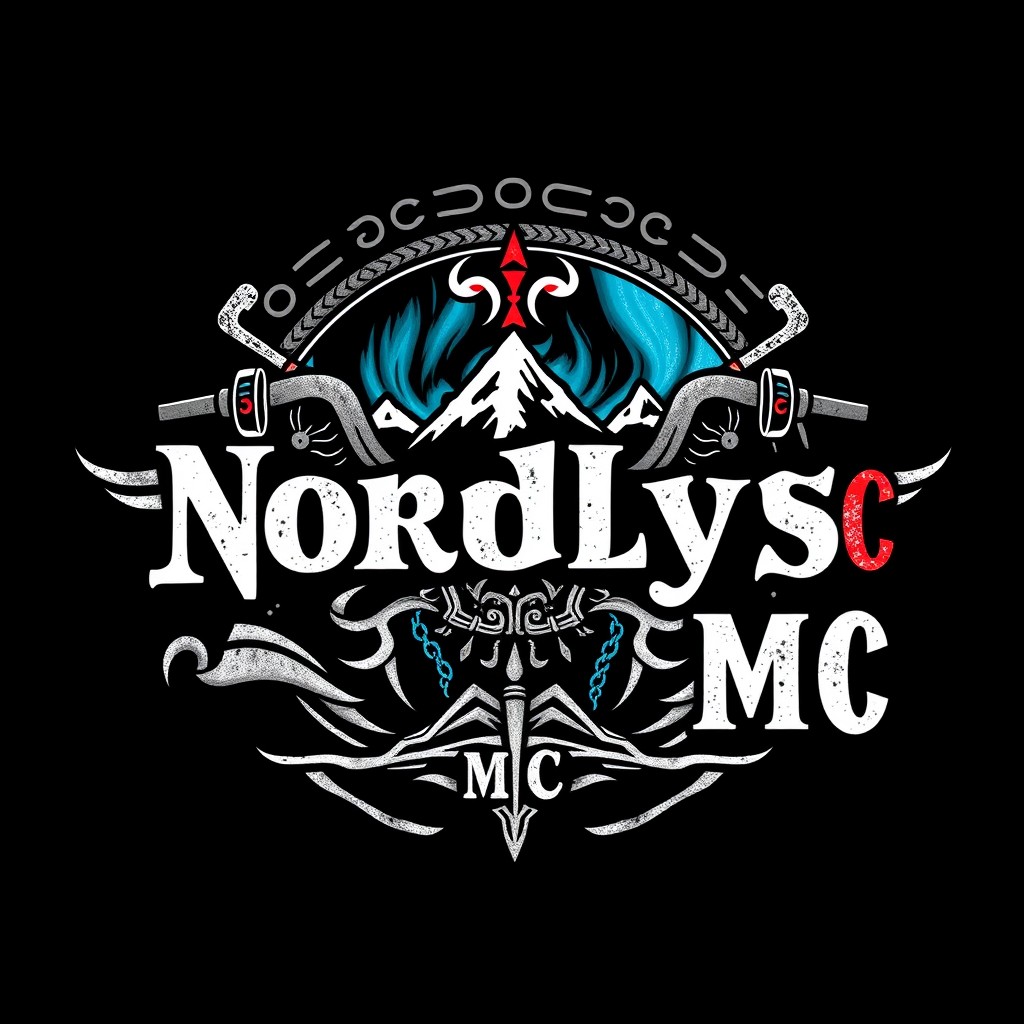 A motorcycle club logo featuring the name 'Nordlys MC' in a Norwegian style