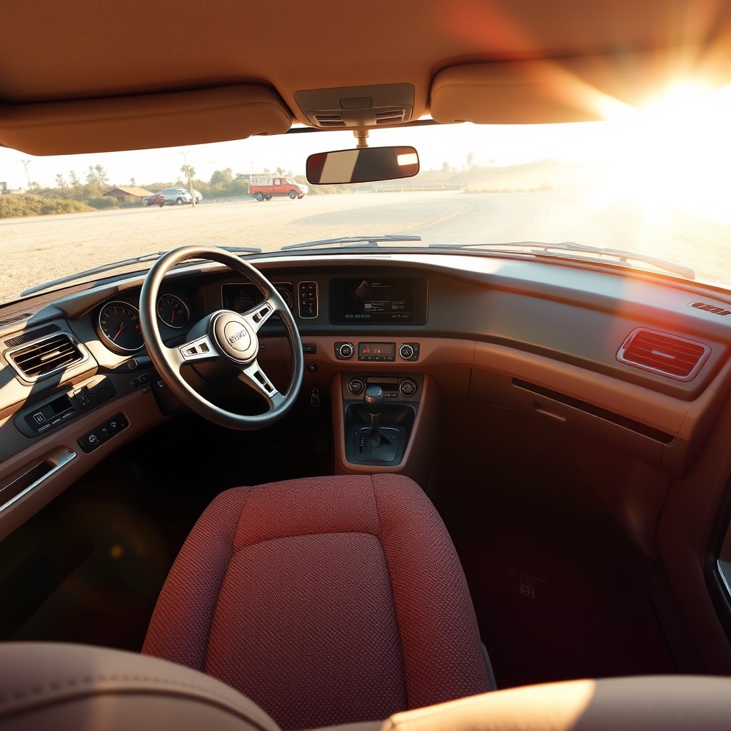 A highly detailed interior view of a Dewoo Nexia 1 car, showcasing the dashboard with all its features, including the steering wheel, control panel, and seats