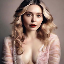 A high-quality digital art image showcasing Elizabeth Olsen in a sensual yet tasteful pose