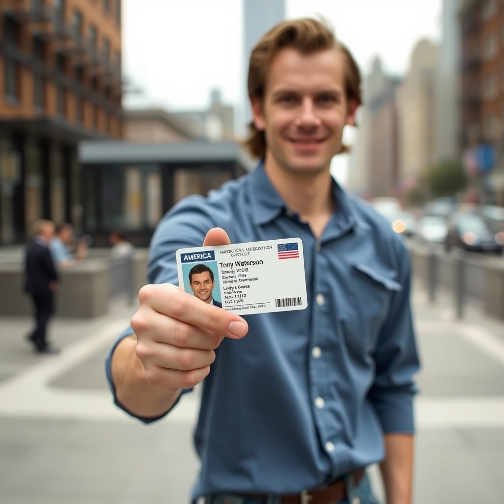 An American man named Tony Waterson holding an American identification card, standing confidently with a slight smile
