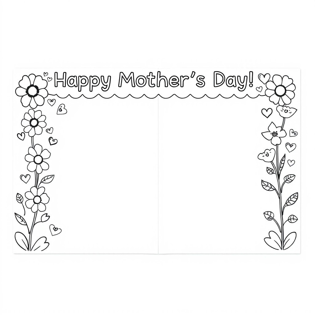 A black and white printable worksheet designed for children, featuring the phrase "Happy Mother's Day!" prominently displayed at the top