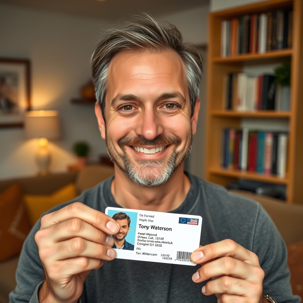 An American man named Tony Waterson holding an American ID card, with a clear and detailed depiction of his facial features