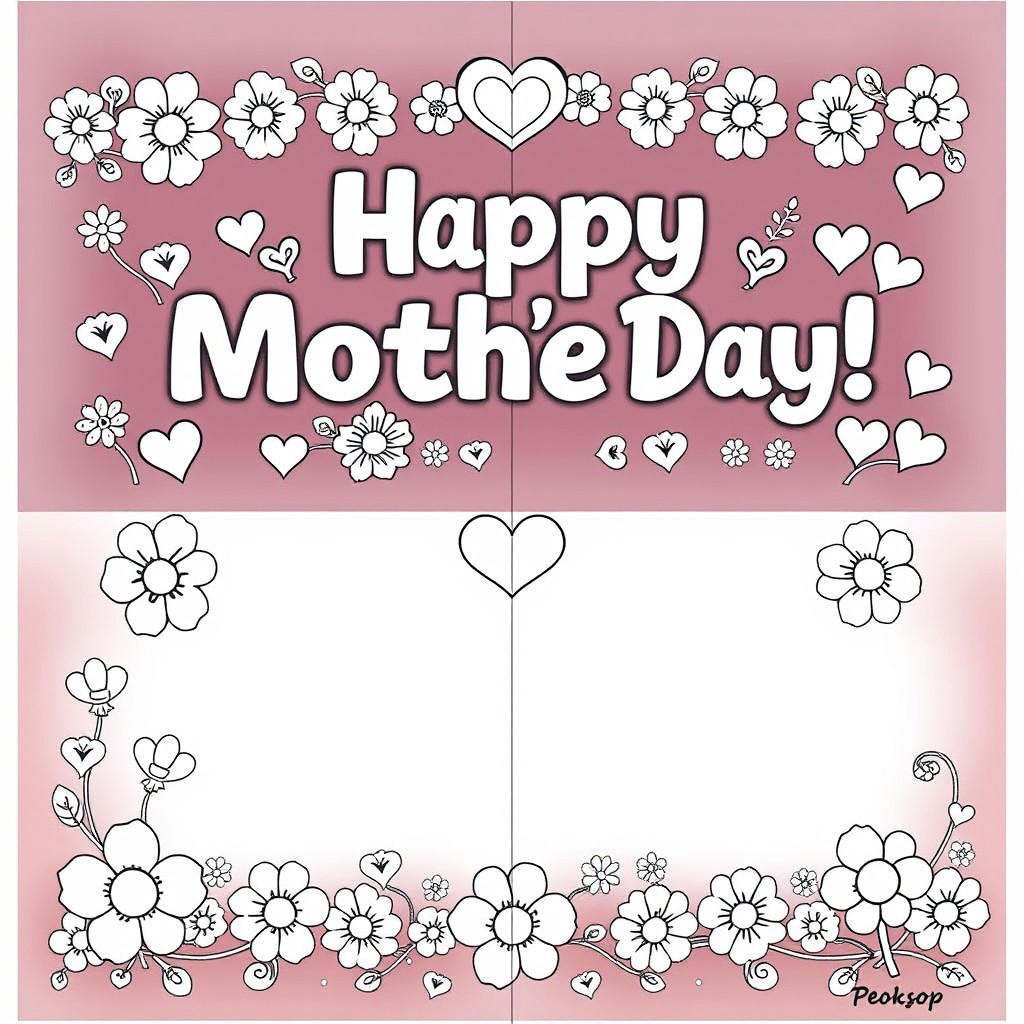 A black and white printable worksheet designed for children, featuring the phrase "Happy Mother's Day!" prominently displayed on the front side