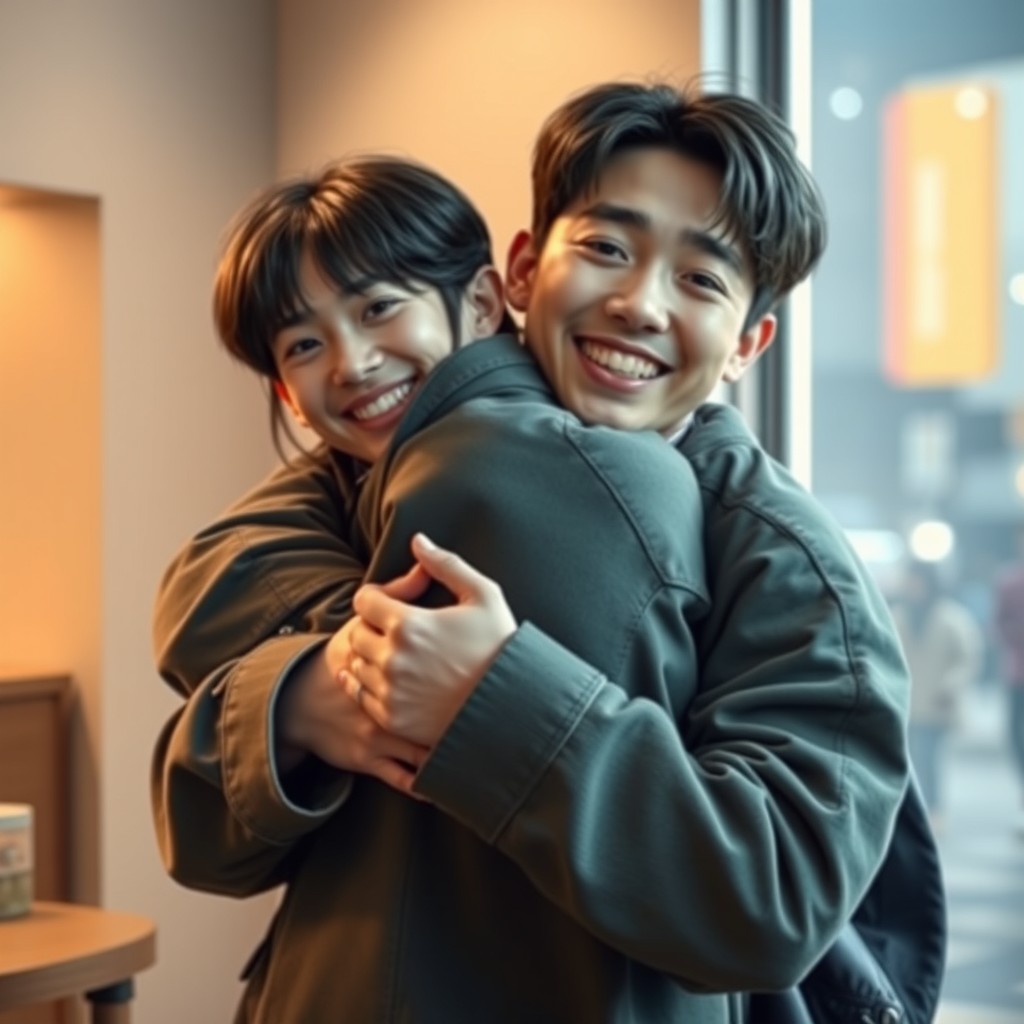 A warm and intimate scene featuring a KPOP idol, Lee Know from Stray Kids, smiling brightly and hugging a person from behind