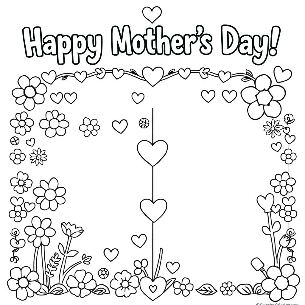 A black and white printable worksheet designed for children, featuring the phrase "Happy Mother's Day!" prominently displayed at the top in a fun, playful font