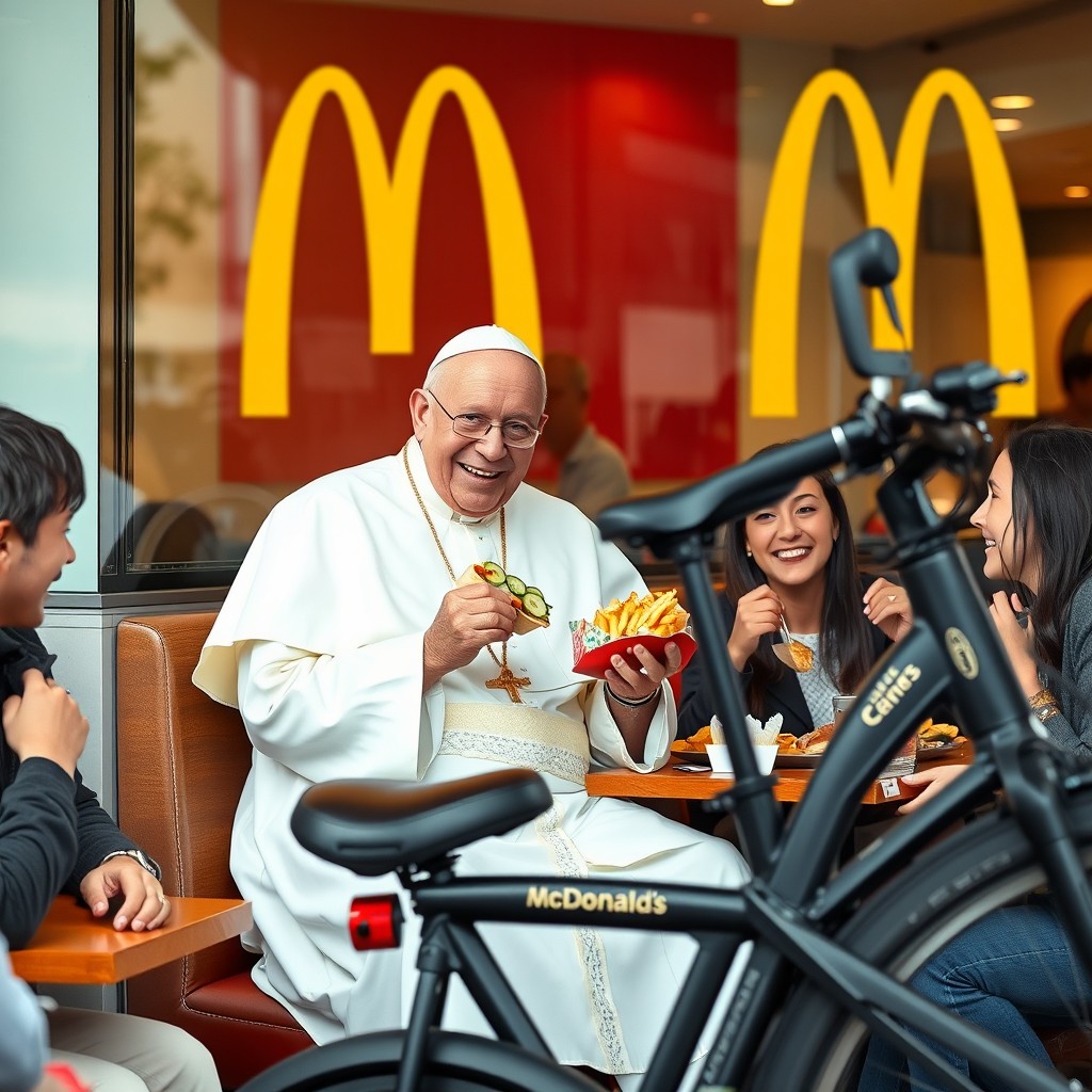 A whimsical scene featuring a man dressed as a pope sitting inside a McDonald's restaurant
