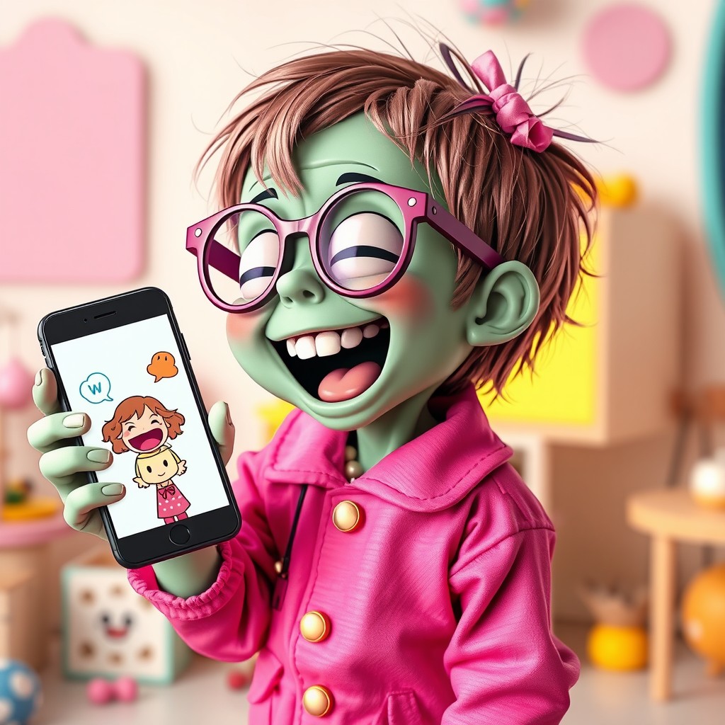 A whimsical scene featuring a playful zombie child laughing joyfully