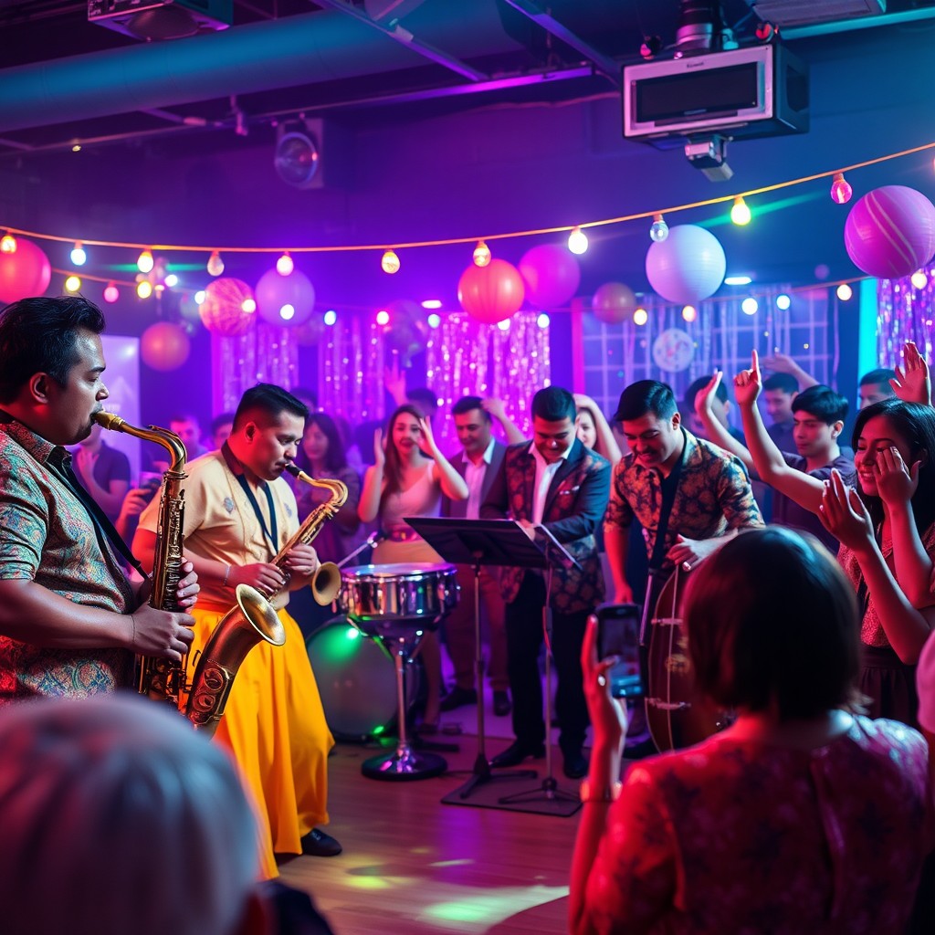 Una banda de música en una fiesta vibrante con varios músicos enérgicos