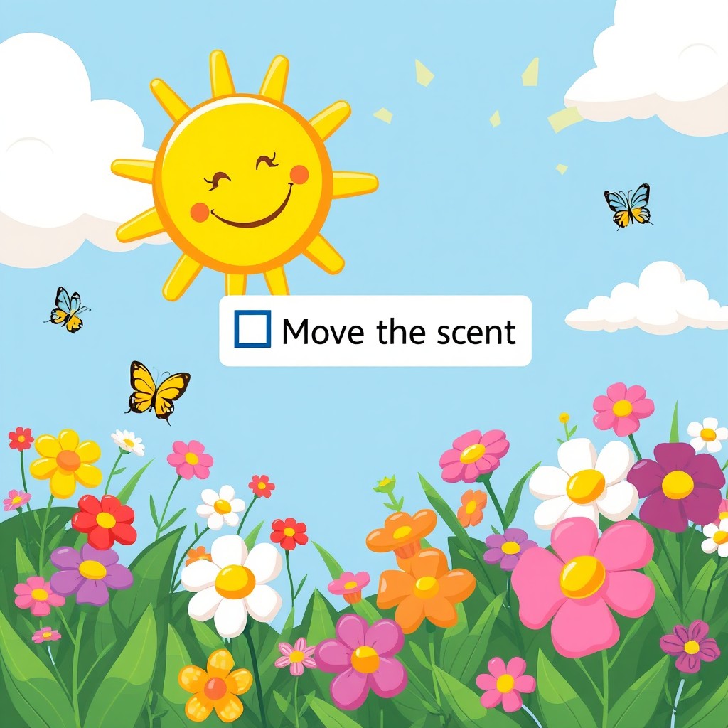 A whimsical and vibrant scene depicting a cartoon-style garden filled with blooming flowers and lush green plants