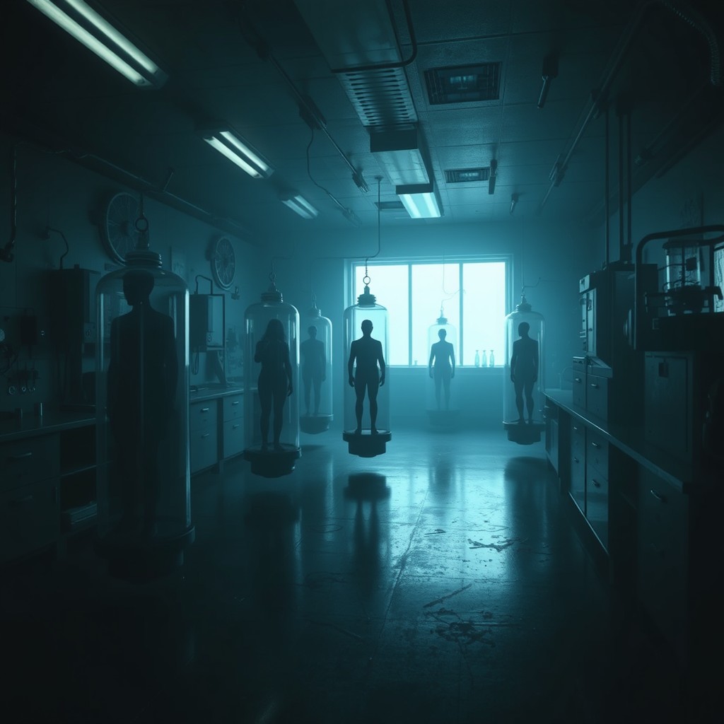A dimly lit laboratory scene filled with eerie ambiance, featuring several human-sized capsules positioned ominously throughout the room