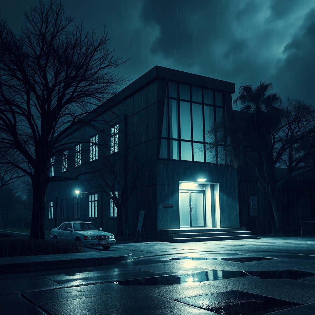 An eerie exterior view of a laboratory at night, shrouded in an unsettling atmosphere