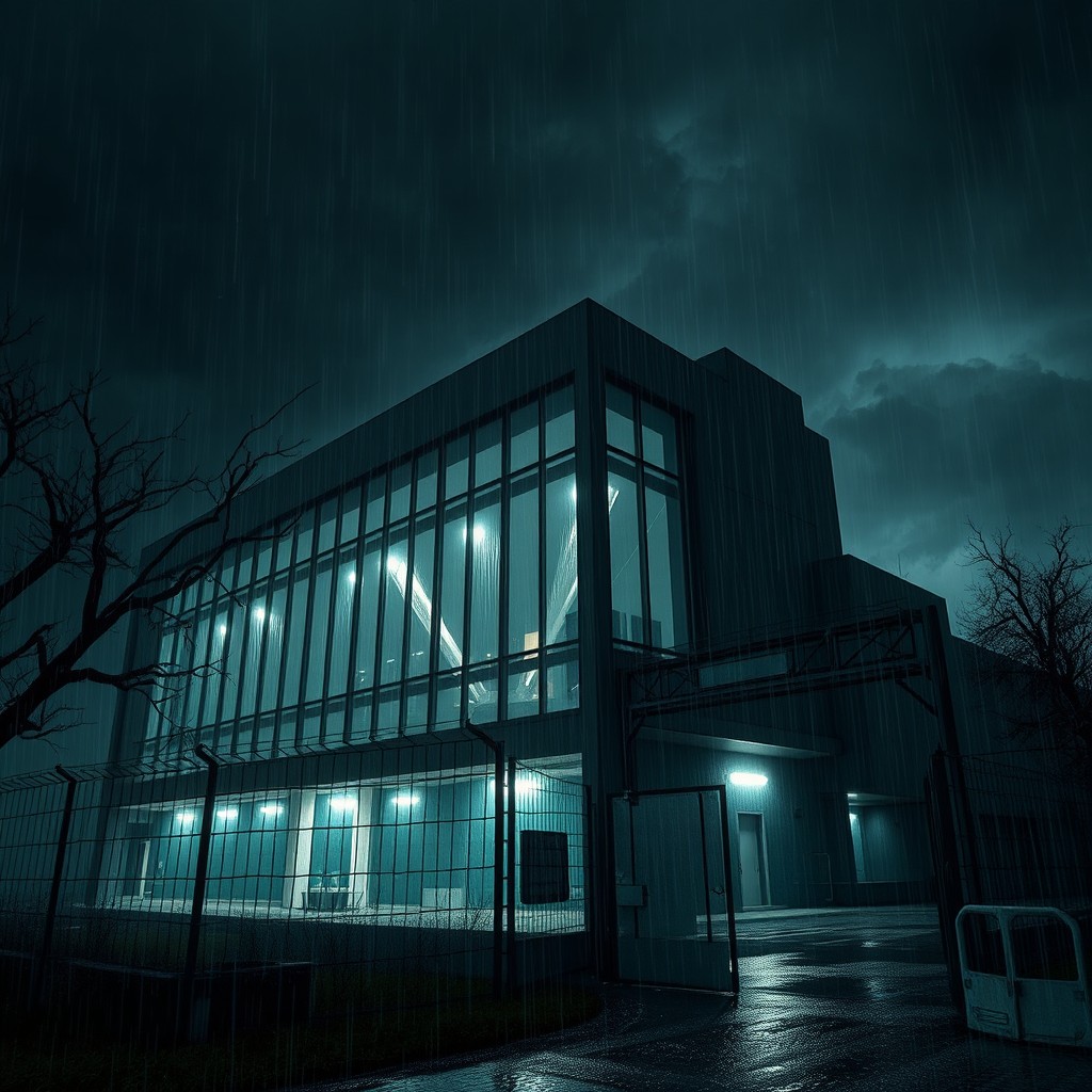 An unsettling exterior view of a laboratory at night, enveloped in a thick blanket of rain and darkness