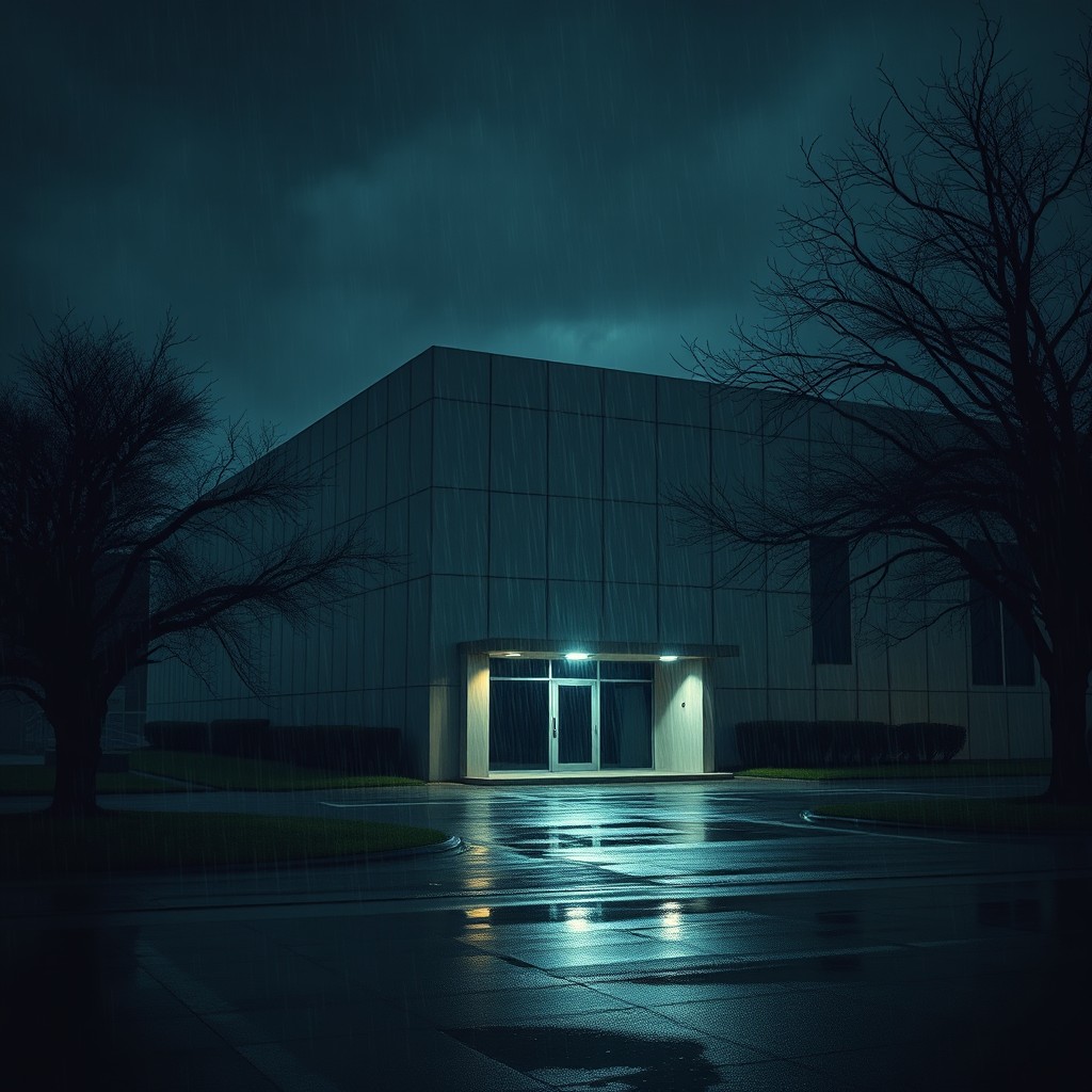 A chilling exterior view of a laboratory at night, shrouded in darkness and drenched in rain