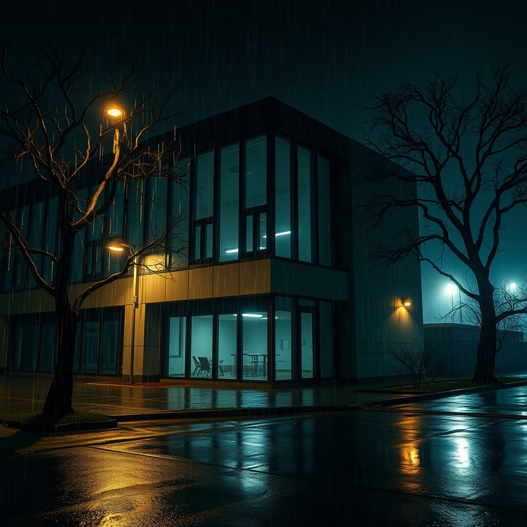 A haunting exterior view of a laboratory on a rainy night, capturing a sense of creepiness and foreboding