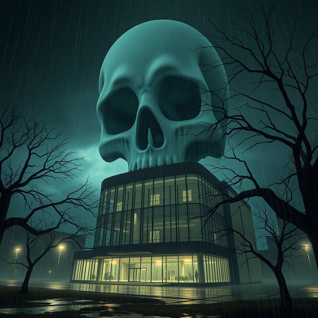 A surreal and eerie exterior view of a laboratory at night, under a dramatic skull-shaped sky