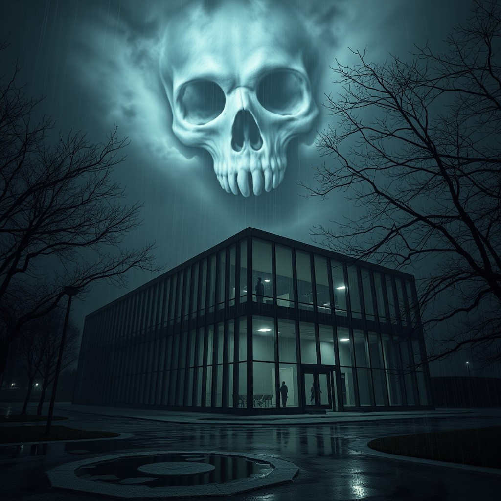 A haunting exterior view of a laboratory at night, featuring a dramatic skull-shaped sky looming above