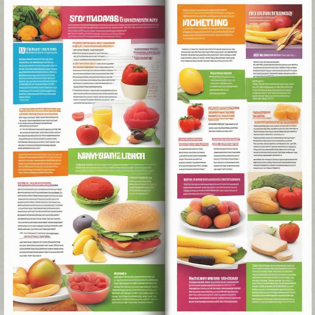 A high contrast brochure with large, readable text. Healthy food items like fruits, vegetables, and lean proteins on one side, contrasted with unhealthy items such as junk food, processed items, and sugary drinks on the other.