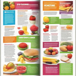 A high contrast brochure with large, readable text. Healthy food items like fruits, vegetables, and lean proteins on one side, contrasted with unhealthy items such as junk food, processed items, and sugary drinks on the other.