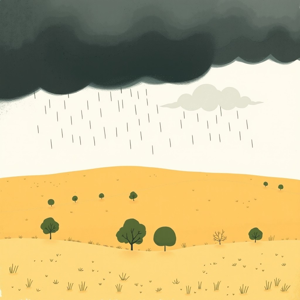 A summer afternoon scene with dark, heavy clouds indicating an impending rain, illustrated in the whimsical style of Jon Klassen