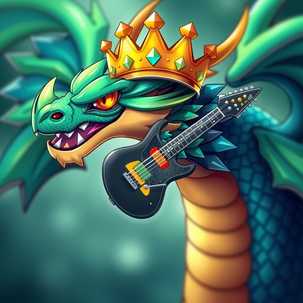 A vibrant and detailed illustration of a Pokémon gym badge shaped like an electric guitar, intricately designed, positioned inside the head of a majestic dragon wearing a crown