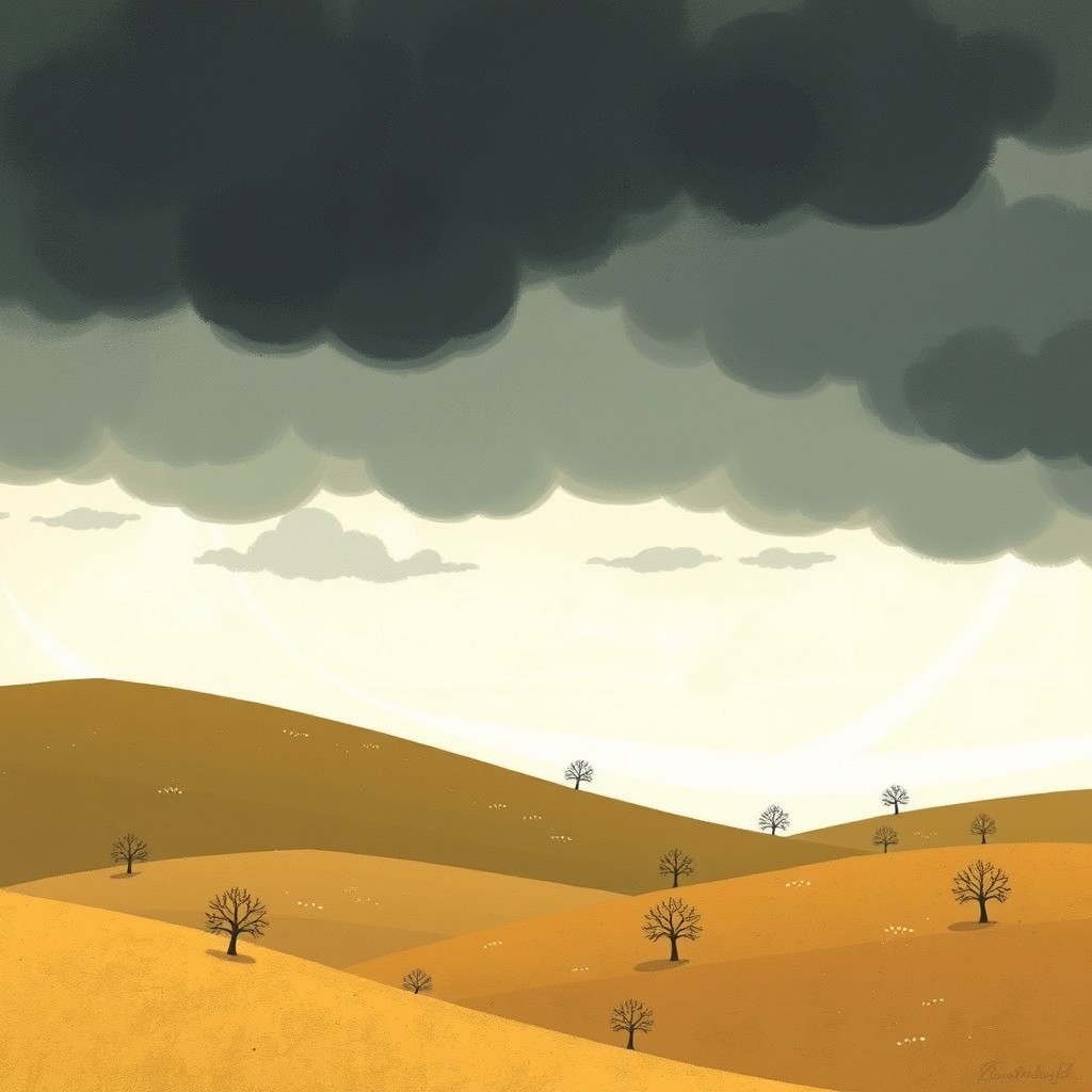 A summer afternoon scene with dark, ominous clouds filling the sky, illustrated in the whimsical style of Jon Klassen