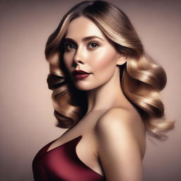 A high-quality digital art image displaying Elizabeth Olsen in a classy dress, exuding sensuality